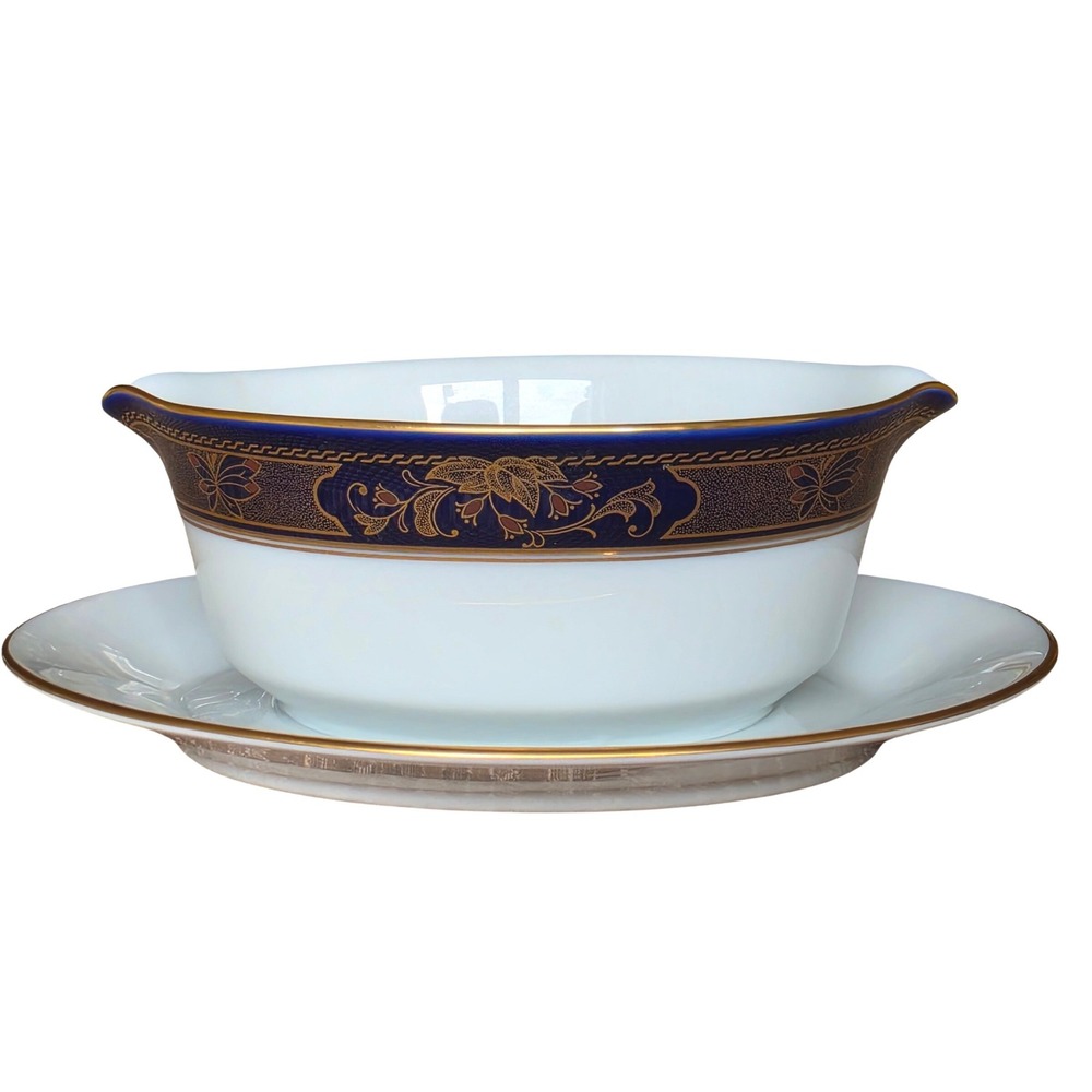 Noritake Grenoble 3392 Gravy Boat Attached Underplate Cobalt Blue Gold Trim 1980
